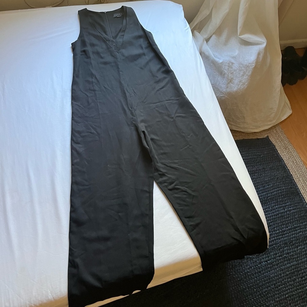 HATCH black tencel linen blend vneck sleeveless wide leg cropped jumpsuit